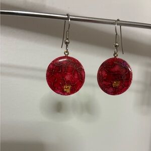 Vintage 1988 handmade earrings with pink and gold hand poured paint. EUC